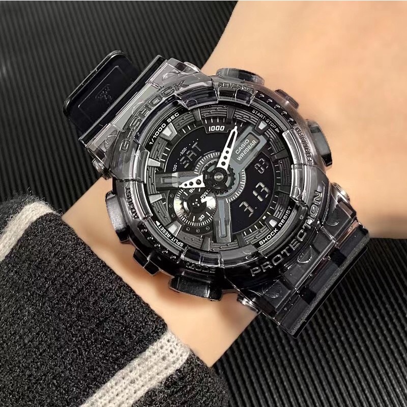 Jam Tangan Pria Casio G-Shock GA110 GA-110 Transparent Ice Tough 2.0 Black Samurai Japan Quartz Movement Dual Time Display 200M Water Resistant Shockproof and Waterproof World Time LED Auto Light Sports Wrist Watches