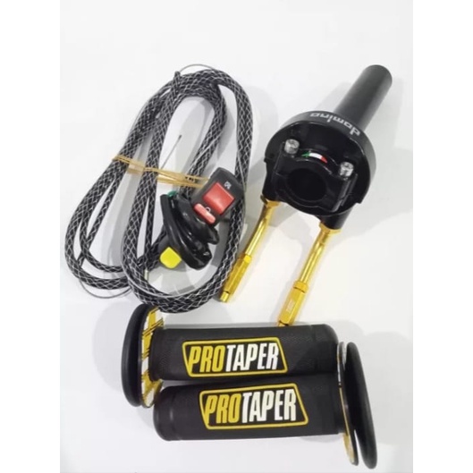 Paket gas spontan domino+2 kabel gas serat karbon 190cm+grip protaper+saklar engine+L gas gold,bisa untuk semua jenis motor