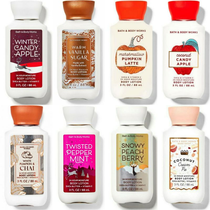 BATH AND BODY WORKS BBW 24 HOUR MOISTURE SHEA &amp; VITAMIN E BODY LOTION 88 ML BODY CREAM 70 G WARM VANILLA SUGAR WHITE PUMPKIN &amp; CHAI WHIPPED BERRY MERINGUE BUBBLY ROSE WINTER CANDY APPLE ABOUT YOU DARK KISS TWISTED PEPPERMINT MIX