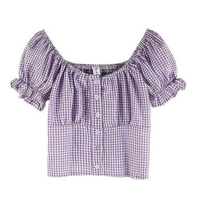 crop sabrina top kotak gingham import korea