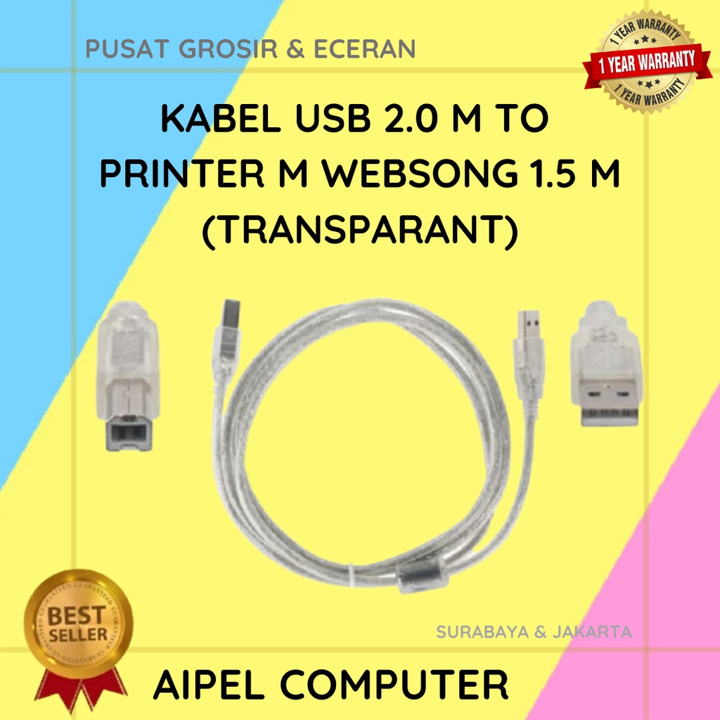 ABW1 | KABEL USB 2.0 MALE TO PRINTER MALE WEBSONG 1.5 M (TRANSPARANT)