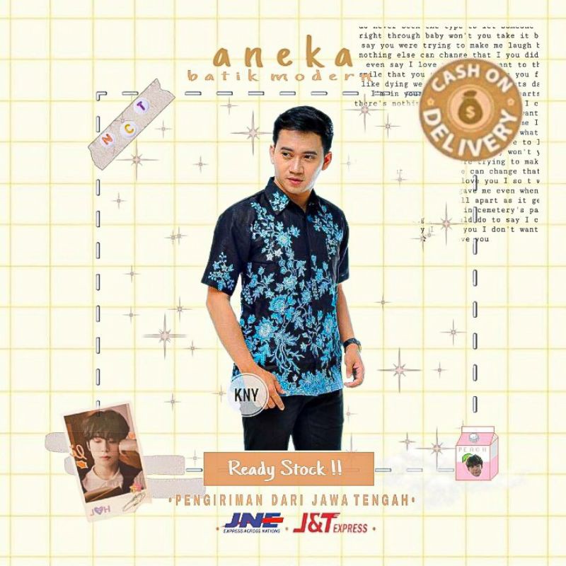 Atasan batik lengan pendek pria cowok motif bunga warna biru muda hitam BIG SIZE JUMBO XXL MURAH