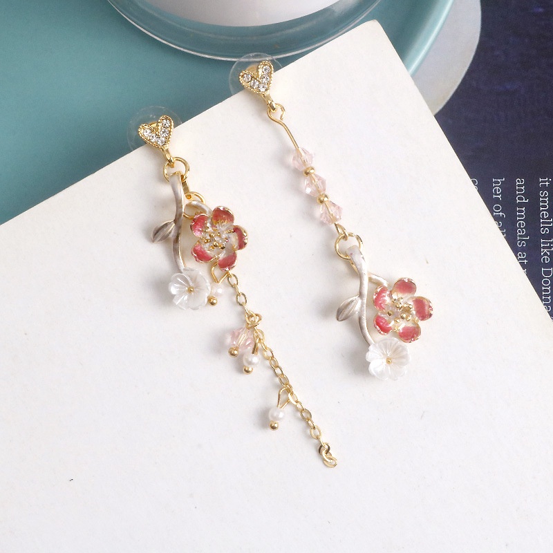 Anting Tusuk Gantung Panjang Asimetris Desain Bunga Sakura Bahan Silver 925 Untuk Wanita