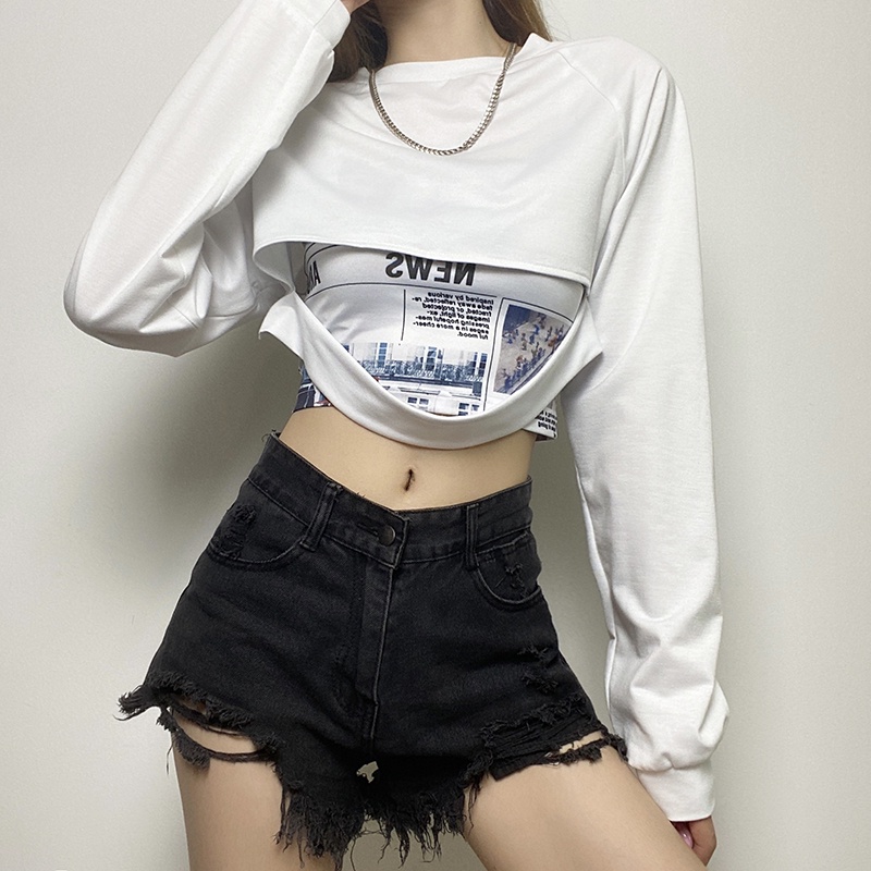 #Sisjuly # Amerika Street Retro Hip-hop Bi-ready Tidak Beraturan Lengan Panjang T-shirt Suspender Top