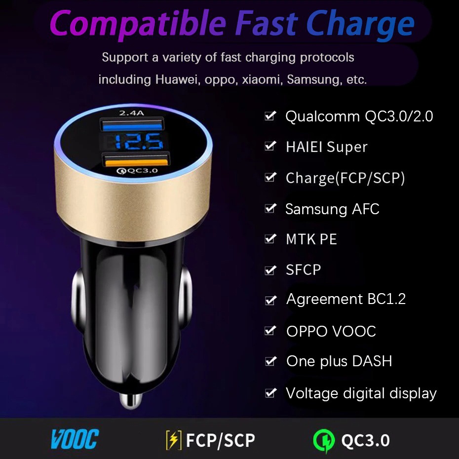 Car Charger Dual USB Port QC 3.0 2.4 A LCD Display