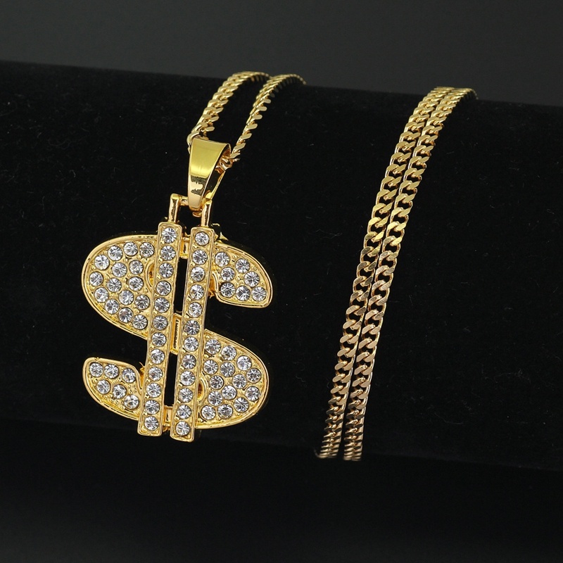 Kalung Liontin Desain Tanda Dollar Warna Emas Aksen Berlian Gaya Hip Hop Untuk Pria