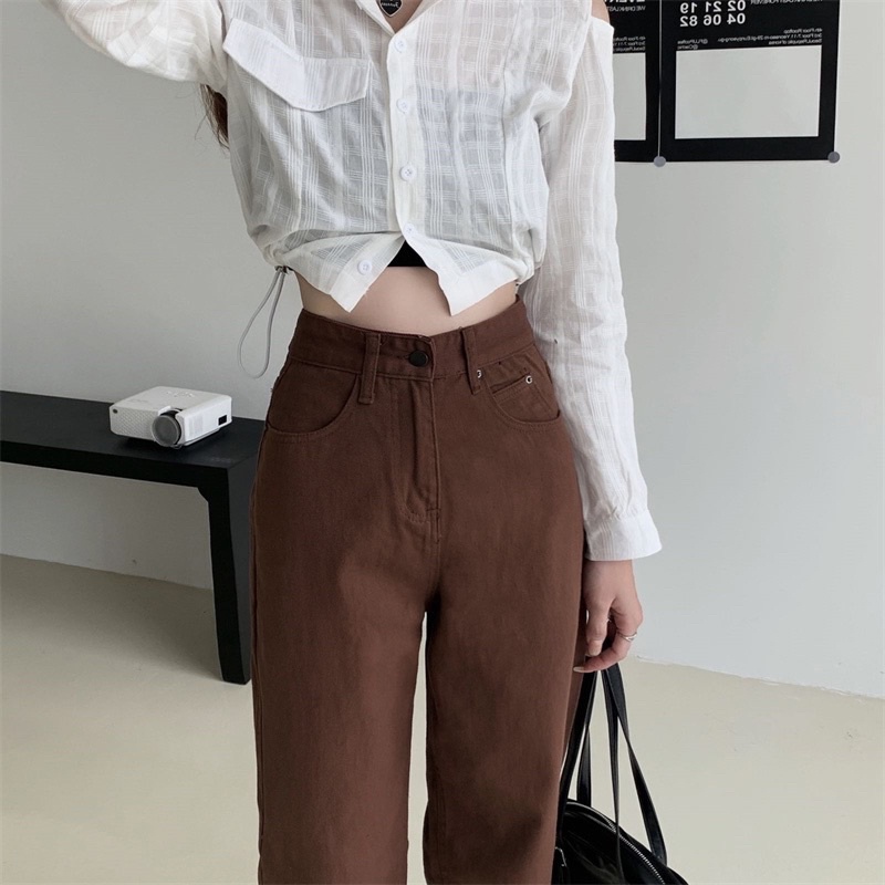 JEANS HIGHWAIST IMPORT CELANA PANTS WANITA CEWEK CULLOTE HW BAGGY DENIM BROWN COKLAT MX860