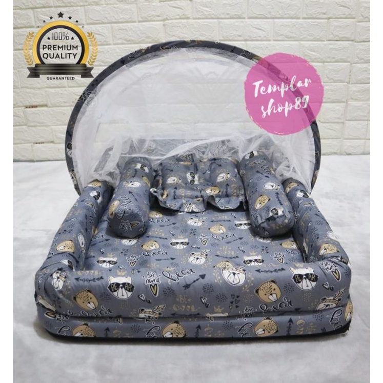 New Normal Kasur Kelambu Bayi Set Bantal Guling PREMIUM / Kasur Lipat Kelambu Bayi / Kasur Kelambu-bears abu kolam