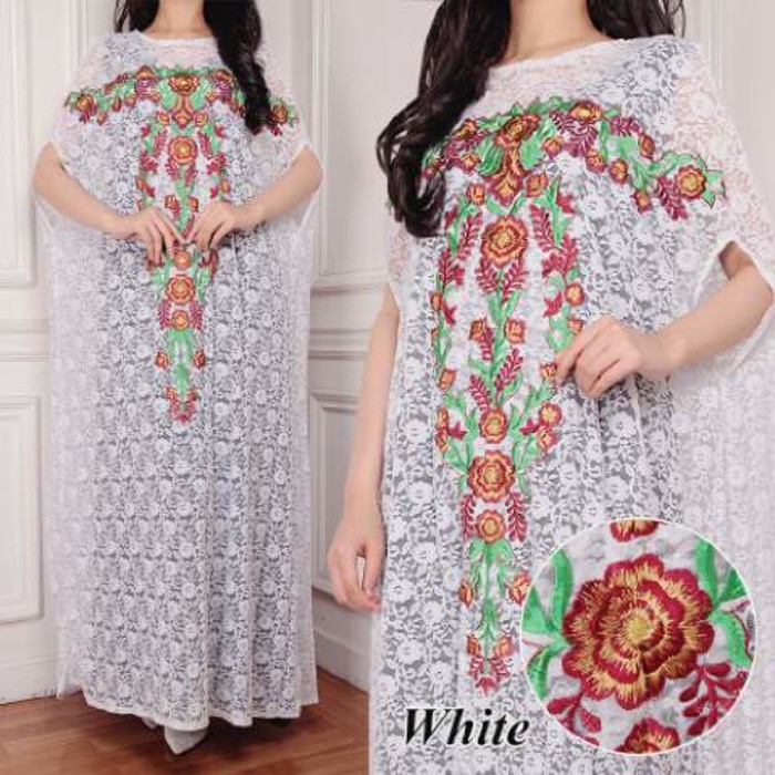 BAJU MUSLIM -  [Kaftan Mila White SW] kaftan wanita brukat silk putih