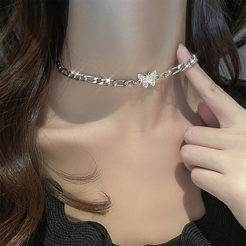 IFYOU Kalung Rantai Choker Desain Kupu-Kupu Hati Aksen Mutiara Warna Silver Gaya Korea Untuk Wanita