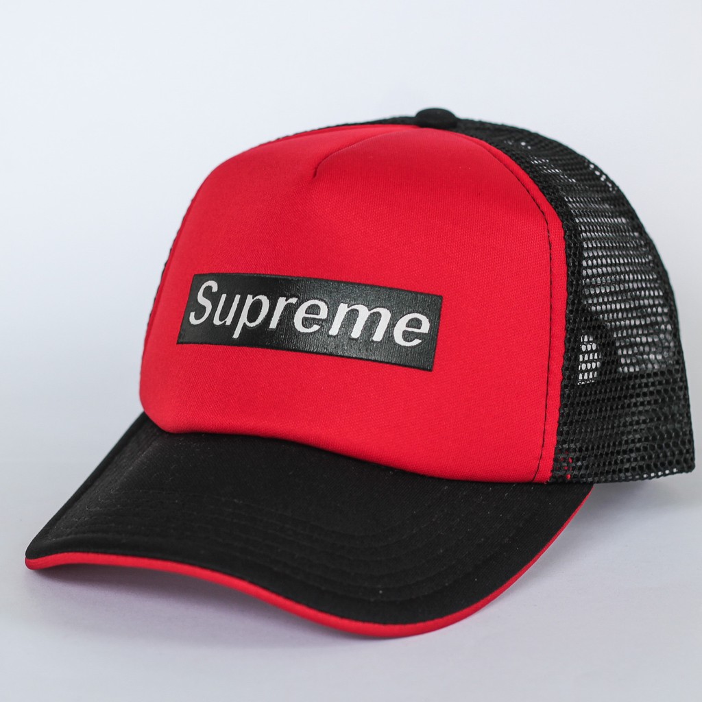 Topi jaring (Trucker hat) sablon Supreme warna Merah-Hitam