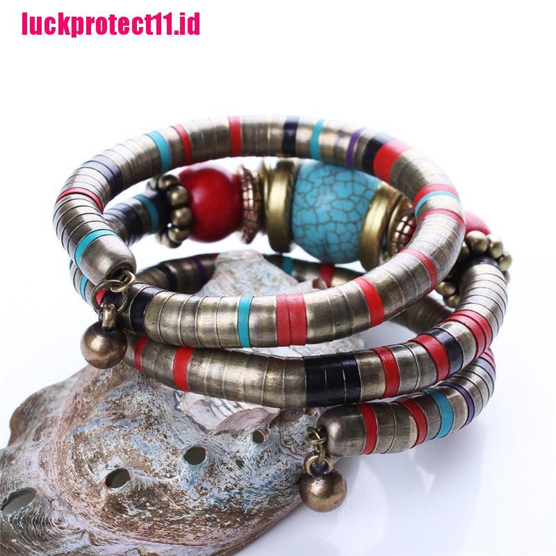 【LUCK】Women Silver Color Faux Turquoise Boho Adjust Bangles Charm Chic Beads Bracelets