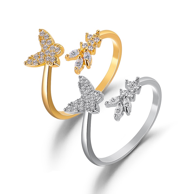 Ins Simple Butterfly Open Ring Wanita Diamond Adjustable Ring