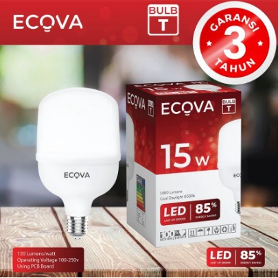 ECOVA Lampu LED Tabung 15W 15Watt 15 Watt Putih E27 Bulb T GARANSI