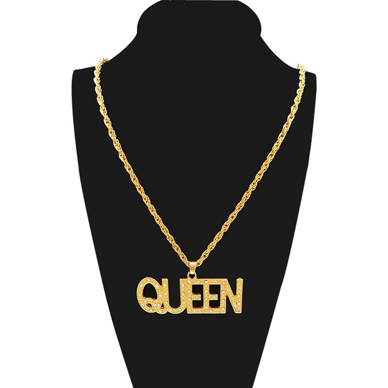 Fancyqube Kalung Rantai Liontin Huruf King / Queen Aksen Berlian Imitasi Warna Gold / Silver Untuk Pria / Wanita