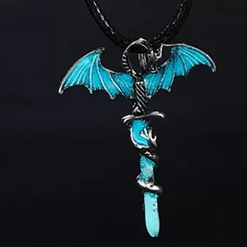 Kalung Lapis Silver Desain Naga Luminous Glow In The Dark Untuk Pria Dan Wanita