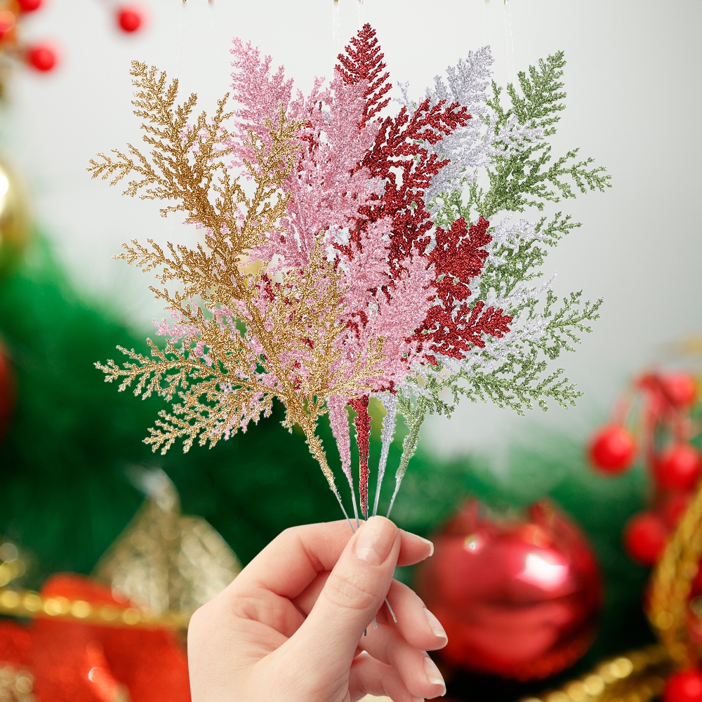 5 Pcs Daun Pinus Buatan Glitter Warna-Warni Untuk Dekorasi Pohon Natal