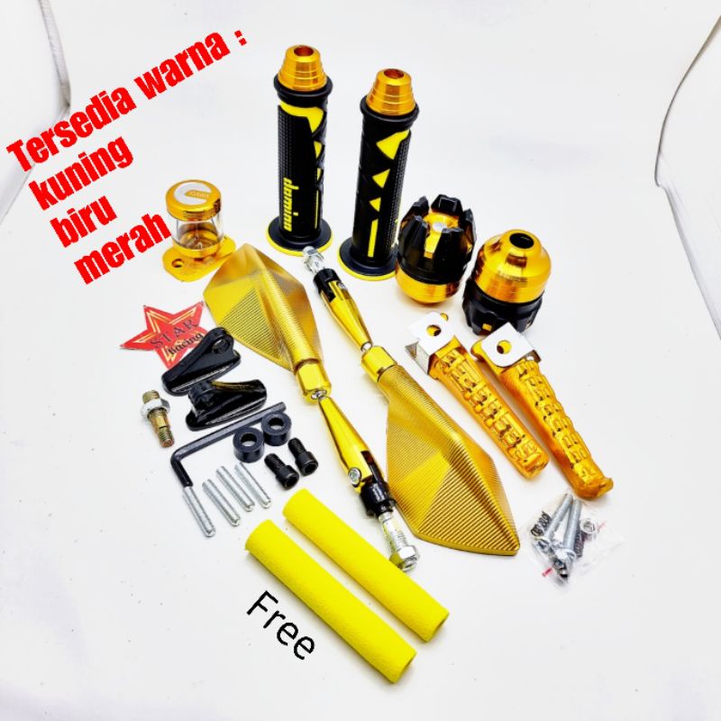 Paket hemat Spion tomok 2772 + handgrip + jalu stang + stempel kaca + jalu as + footstep dan free bu