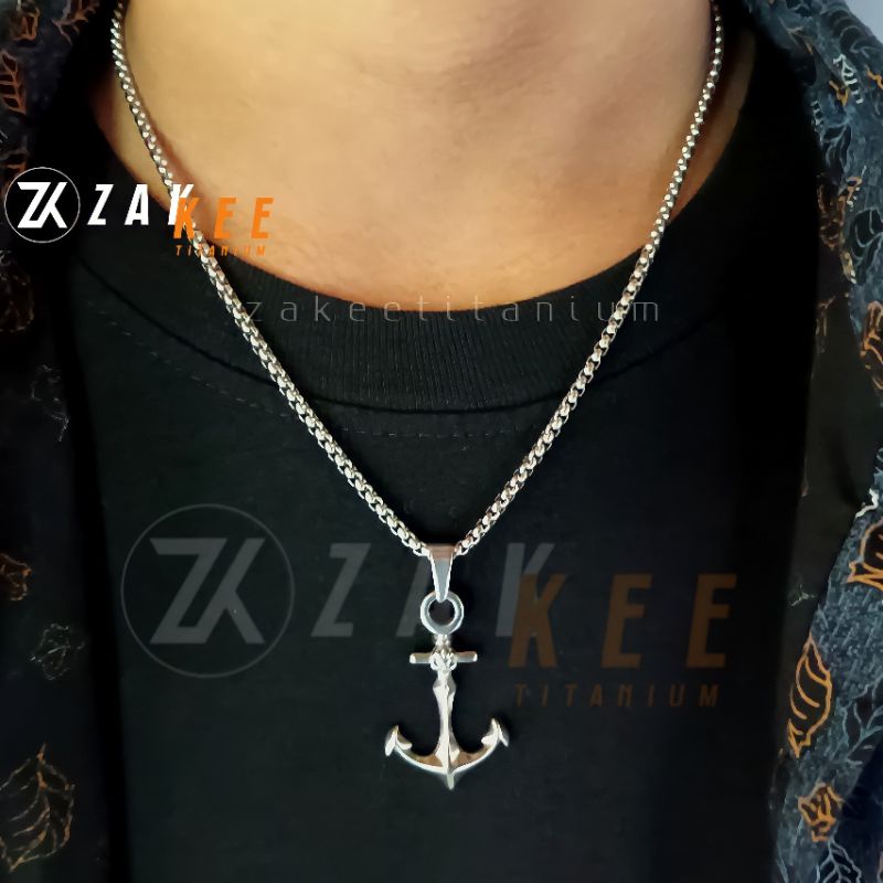 Kalung Titanium Pria Wanita Anti Karat Rantai Liontin Jangkar Silver Perak Rante Cowok Cewek Keren Real