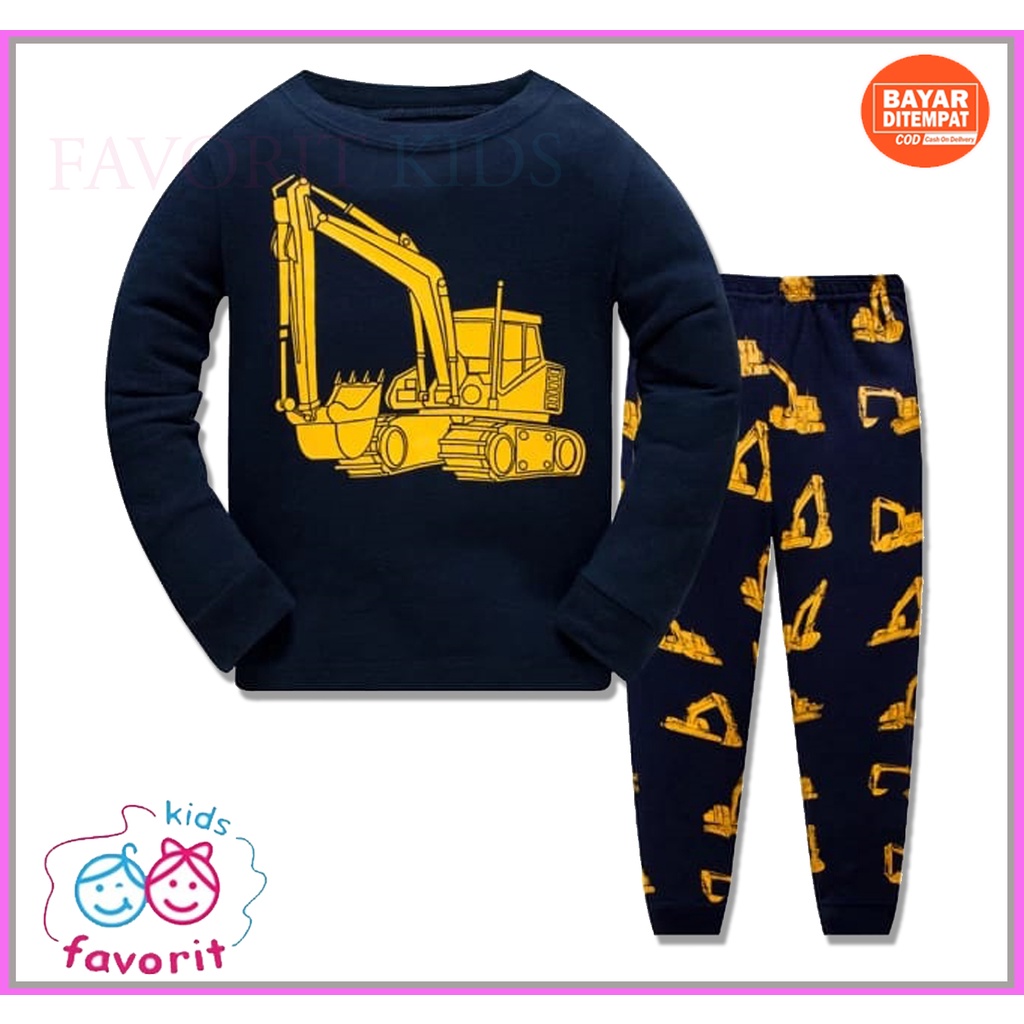 Favorit kids Baju Piyama Setelan anak laki laki dan anak perempuan Excavator lengan panjang celana panjang