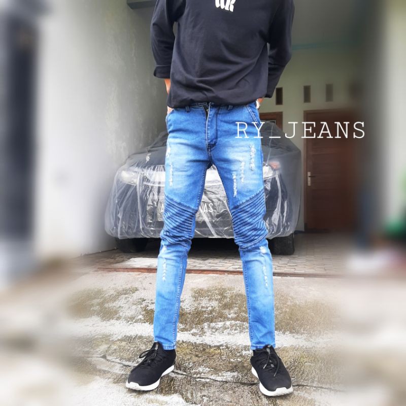 Celana jeans bikers sobek pria jeans panjang street melar