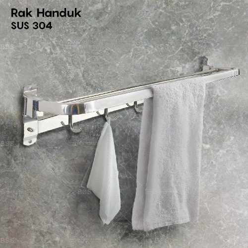 Rak Handuk 68CM Stainless SUS 304 2 Bar 5 Kait Kamar Mandi Toilet Gantungan