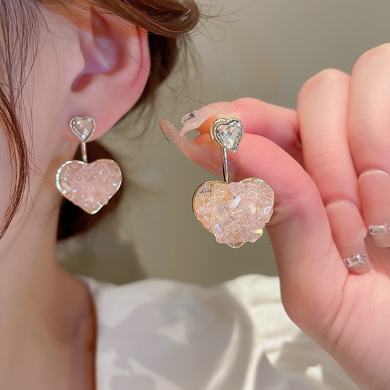 Anting Bentuk Hati Aksen Kristal Warna Pink