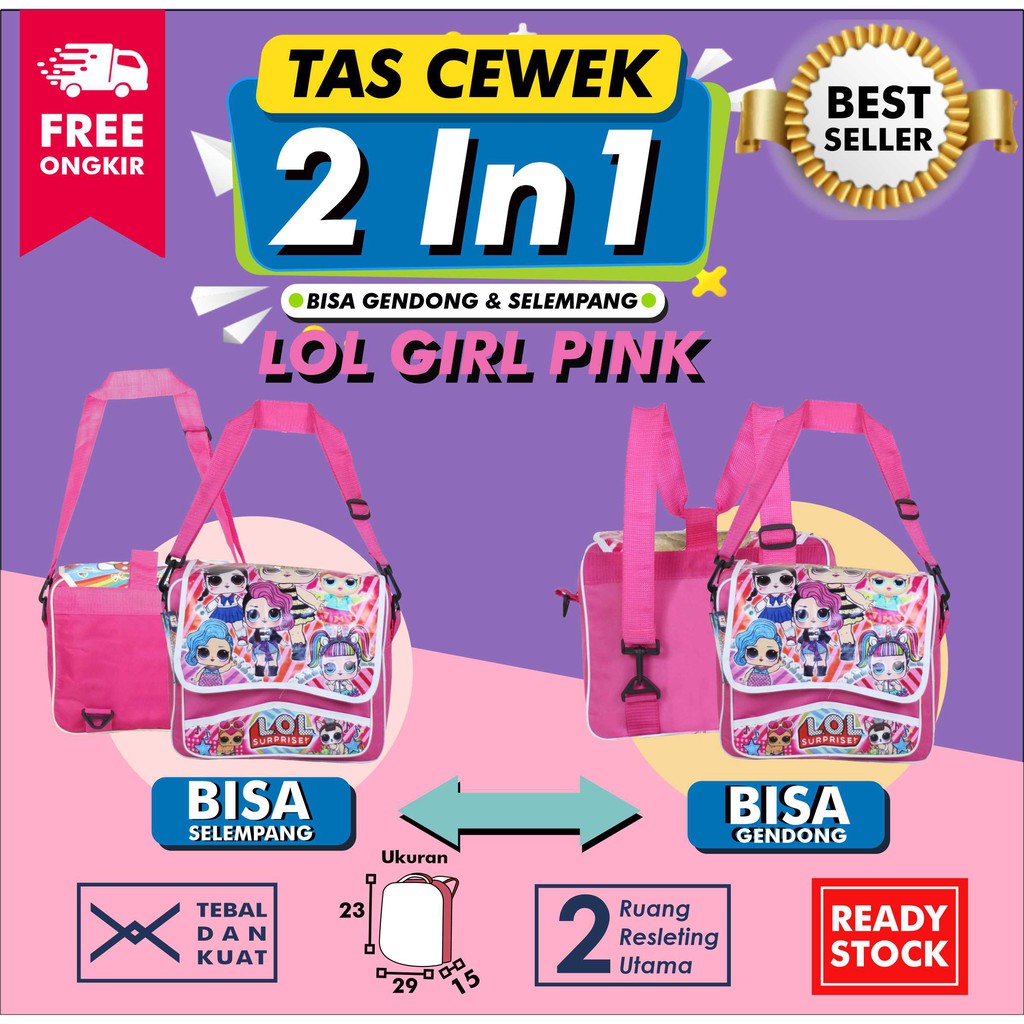 Tas Ransel Sekolah Anak 2 In 1 LOL Pink  Lucu Keren Selempang TK Paud SD Karakter Terlaris