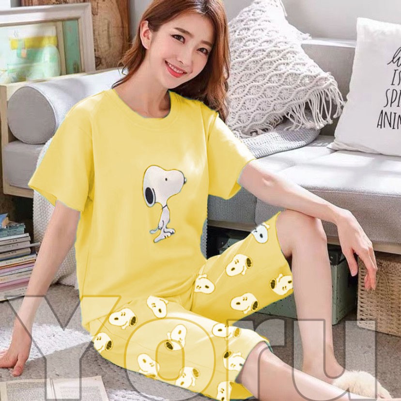 Pamelo.id Stelan C3/4 Baby Doll / Suplier Sleep Wear / Baju Tidur Wanita kaos Katun / Stelan Baju Tidur Murah Produk Terlaris Set HP-C3/4 snopi kuning