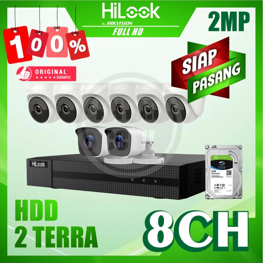 Paket CCTV HiLook by Hikvision 2MP 8 Kamera HDD 2TB Siap Pasang