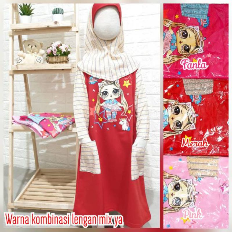 BAJU MUSLIM ANAK PEREMPUAN 2-10 TAHUN GAMIS ANAK DEDINA OVERALL KATUN MOTIF BULU