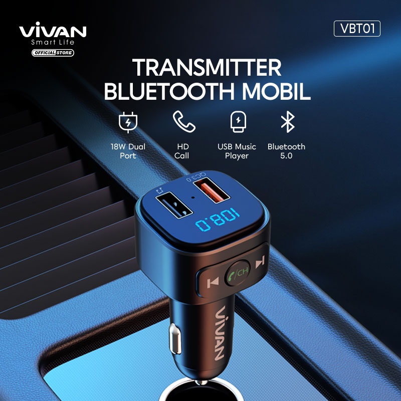 VIVAN VBT01 Car Charger PLUGIN MOBIL dan Bluetooth Transmintter Bluetooth 5.0 Dual Port 18W QC 3.0 Black - Garansi 1 tahun