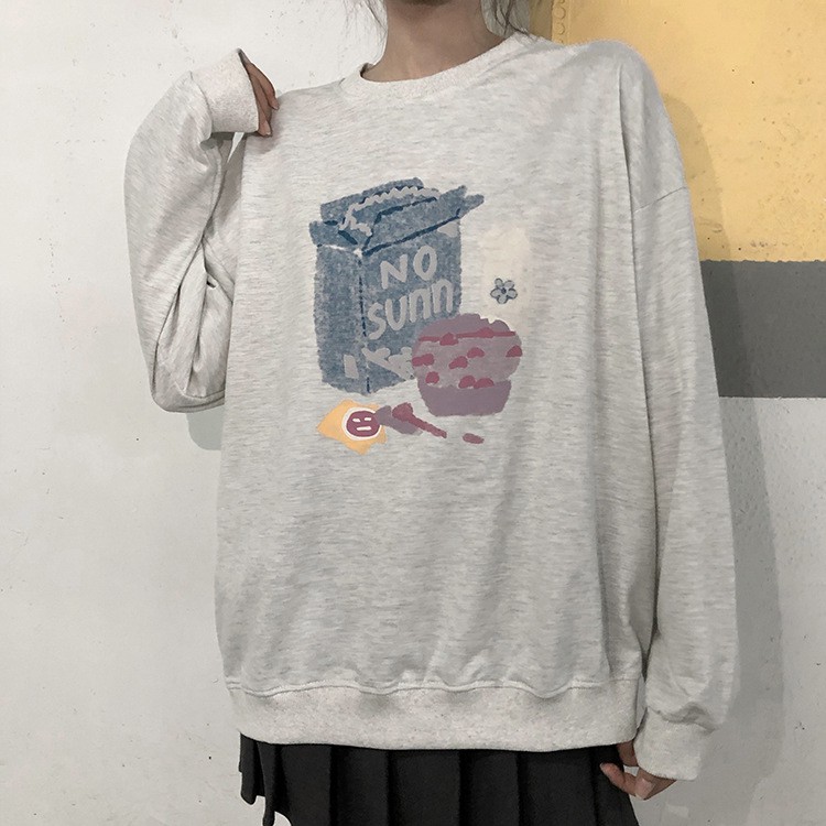 Kotak Cat Air Bermotif Leher Bulat Sweater Lengan Panjang Longgar Untuk Wanita