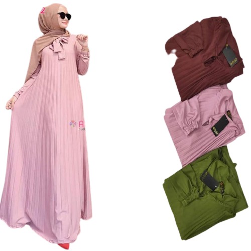 Baju Gamis Plisket Premium Lemon Skin Warna Pink Jumbo