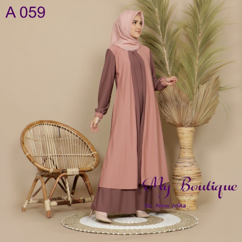 My Boutique Fashion Gamis A059 Salem Coklat Tua Kardigan Kombinasi Warna Cantik Stella Crepe LD 110 