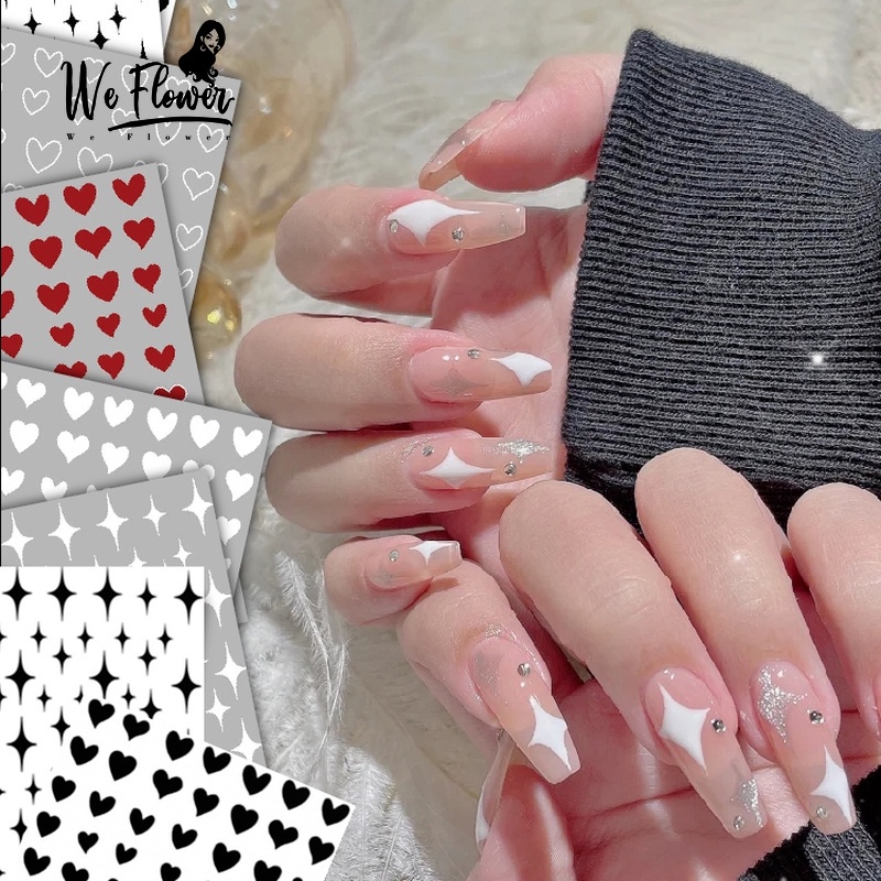 We Flower Stiker Kuku Motif Bunga / Hati / Bintang Warna Hitam / Putih Gaya Korea Untuk Manicure Diy