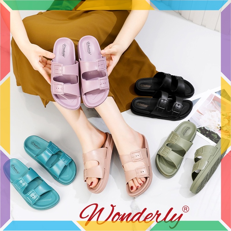 2062WL2 Sandal Selop Birken Wanita Wonderly Sendal Slop Gesper Cewek Ban 2 Karet Doff Glanzton