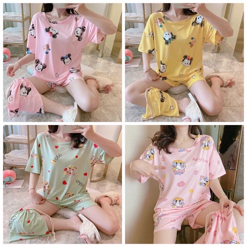 Korean Set Baju Tidur Piyama import Motif free Pouch / setelan piyama dewasa