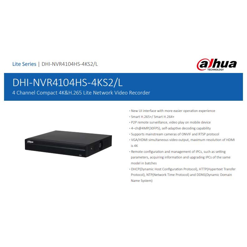 DAHUA NVR4104HS-4KS2/L  4 Channel Compact 1U 4K&amp;H.265 Lite Network Video Recorder