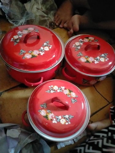 Panci Set Enamel 3 Pcs Tutup Kaca/panci Set Jadul/panco Set Enamel Bunga