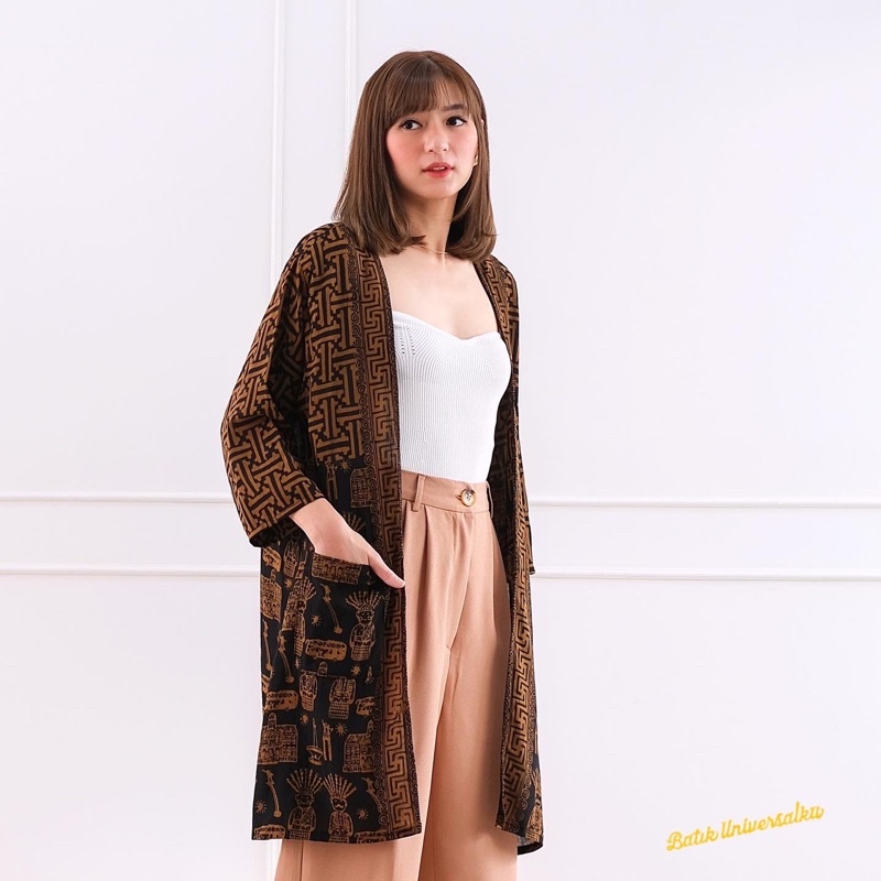 READY BATIK UNIVERSALKU - Long Outer Kimono Batik Wanita ondel ondel Betawi Jakarta dtbrt