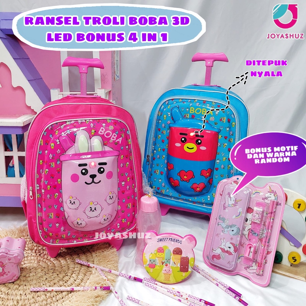 Tas Troli Boba Berbonus - Ransel Troli Boba Anak SD - Tas Troli Sekolah Anak SD  Karakter - Boba Gemes  - Tas Troli Anak Perempuan SD Gratis Botol Dan Misting - Tas Troli Sekolah Anak Perempuan Karakter Lucu - Joyashuz