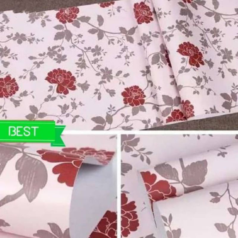 Wallpaper Stiker Dinding Motif Bunga Mawar Merah Marun Elegan Premium Modern