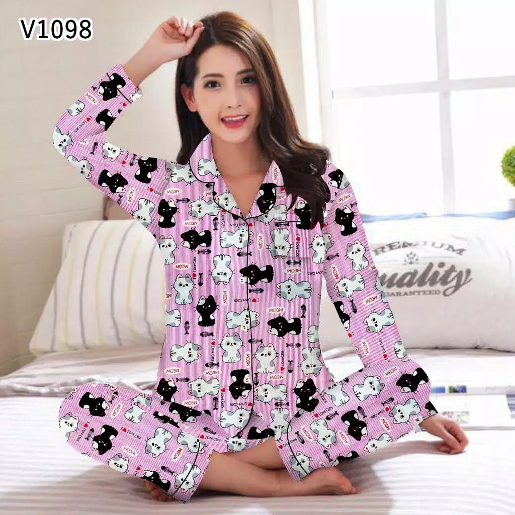 BAJU TIDUR WANITA/PIYAMA WANITA KATUN MOTIF KARAKTER LENGAN PANJANG PP