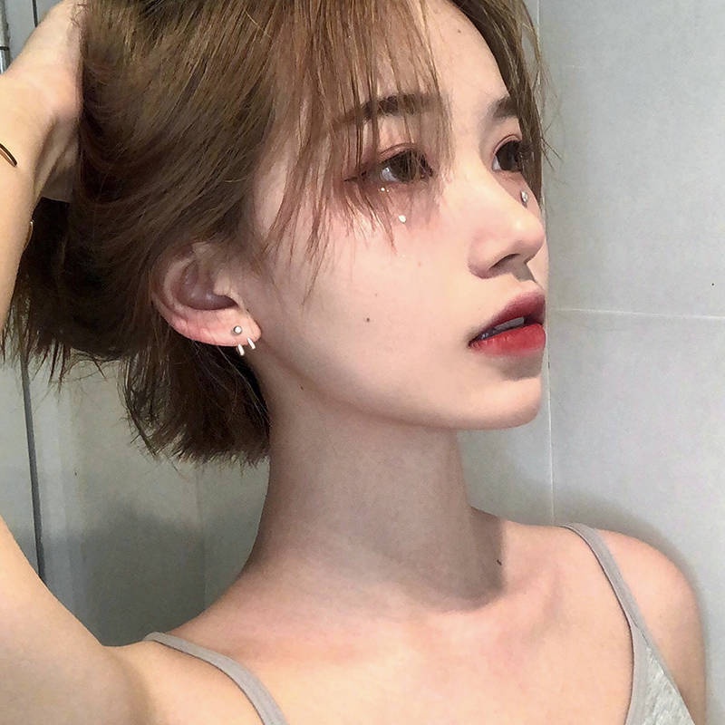 Sterling silver jarum Korea 2020 baru trendi back-mount stud anting-anting double-line hook anting-a