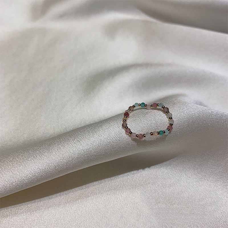 Cincin Manik-Manik Kristal Bentuk Hati Geometris Elastis Gaya Korea