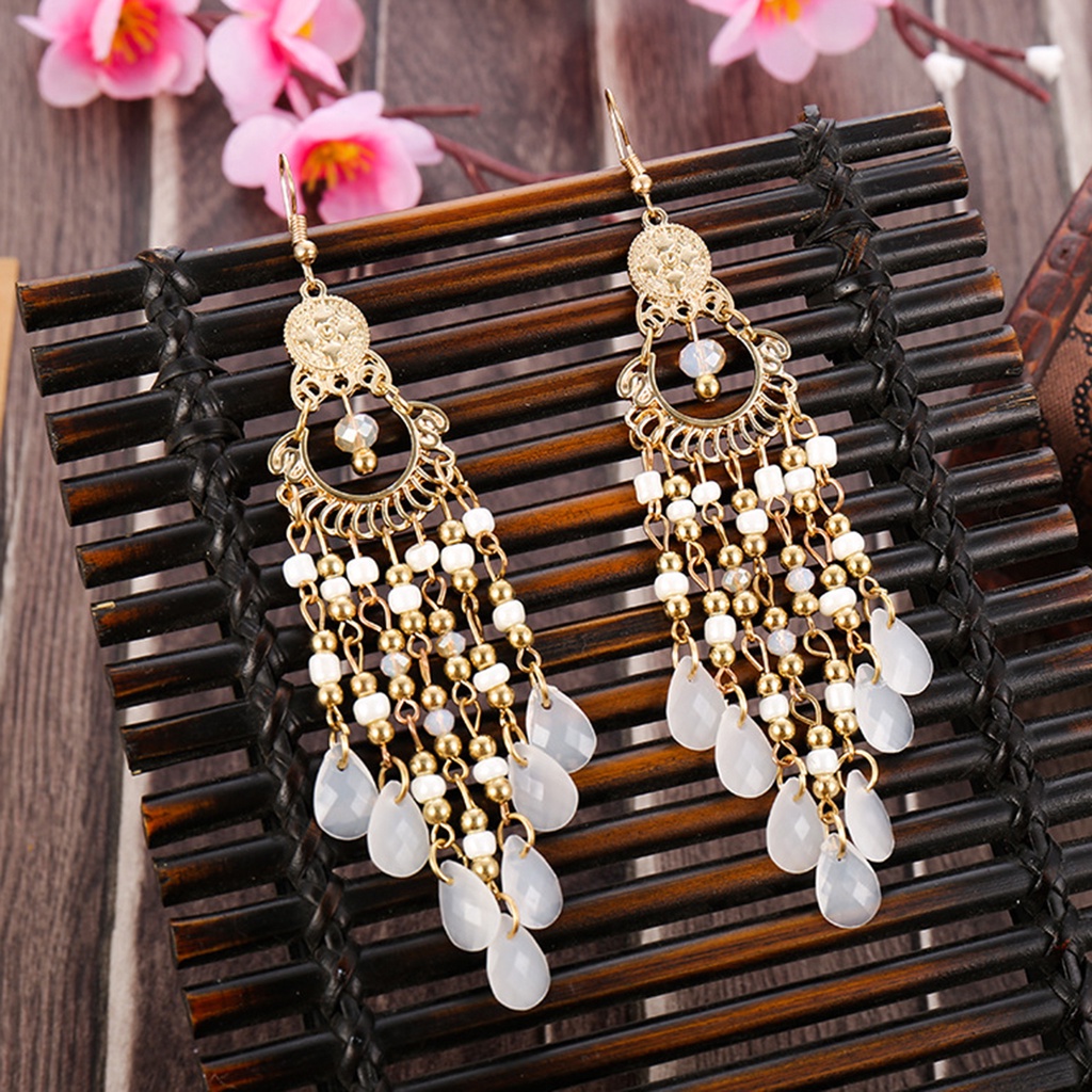 Hu Hu Hu Hu Hu Alat Bantu Pasang Kacamata♡ 1 Pasang Anting Kait Gantung Desain Hollow Hias Manik-Manik + Rumbai Gaya Bohemian Untuk Wanita