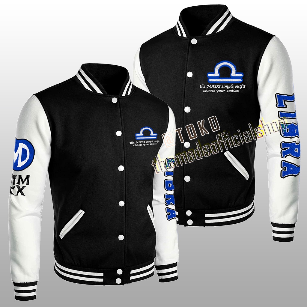 Jaket Bomber Varsity Baseball Original Motif Zodiak Full Bordir / Jaket Sweater Baseball Bahan Kain Motif Zodiak Scorpio-Virgo-Gemini-Pisces-Libra-Sagittarius-Cancer-Capricorn-Leo-Taurus-Aries-Aquarius (The MADE Original)