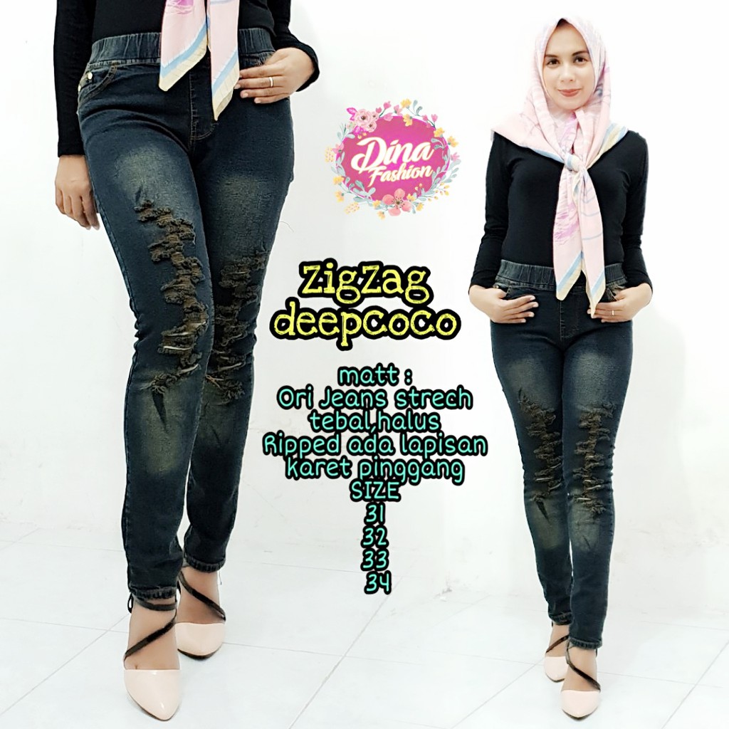 CELANA PANJANG JEANS SOBEK ZIGZAG DEEP COCO / Jeans SOBEK / CELANA RIPPED JEANS