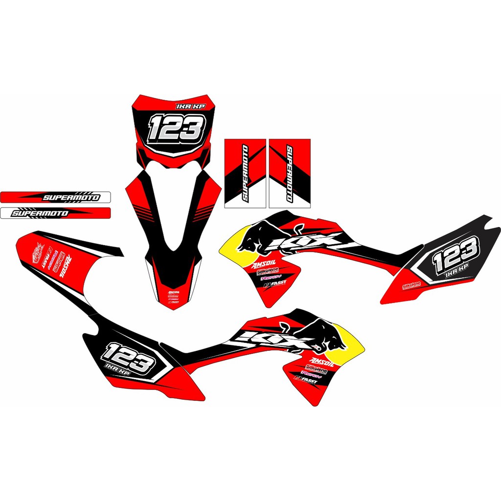 sticker decal KLX Bf desain minimalis warna merah kombinasi hitam bebas custom nama dan nomor